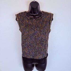 English Rose Tweed Chain Trim Sleeveless Top Multi-Color Metallic Knit L